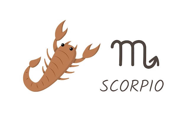 Vecteur signe du zodiaque horoscope scorpion avec symbole et inscription illustration d'un style de dessin animé de crustacé