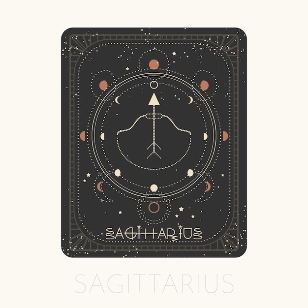 Vecteur signe du zodiaque sagittaire carte symbole horoscope astrologique avec lune graphique or icône dessin au trait