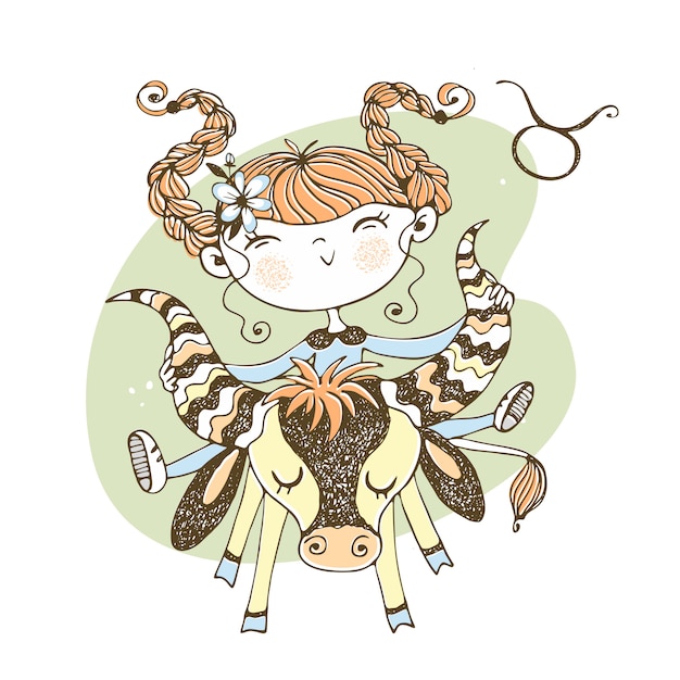 Signe Du Zodiaque Taureau. Horoscope Pour Enfants Drôle Dans Le Style Doodle.