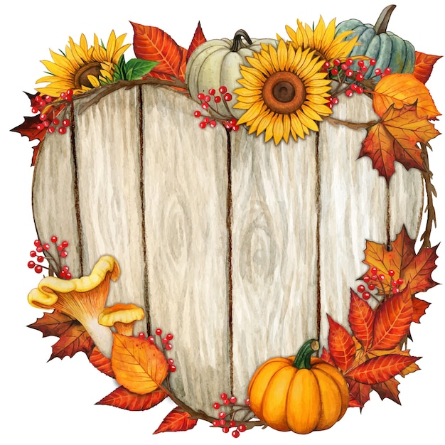 Signe en forme de coeur en bois d'aquarelle avec des décorations d'automne