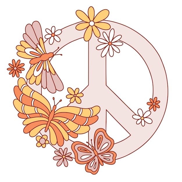 Vecteur signe hippie de paix avec papillons, fleurs. illustration vectorielle 1970 vibes imprimer pour l'affiche de t-shirt