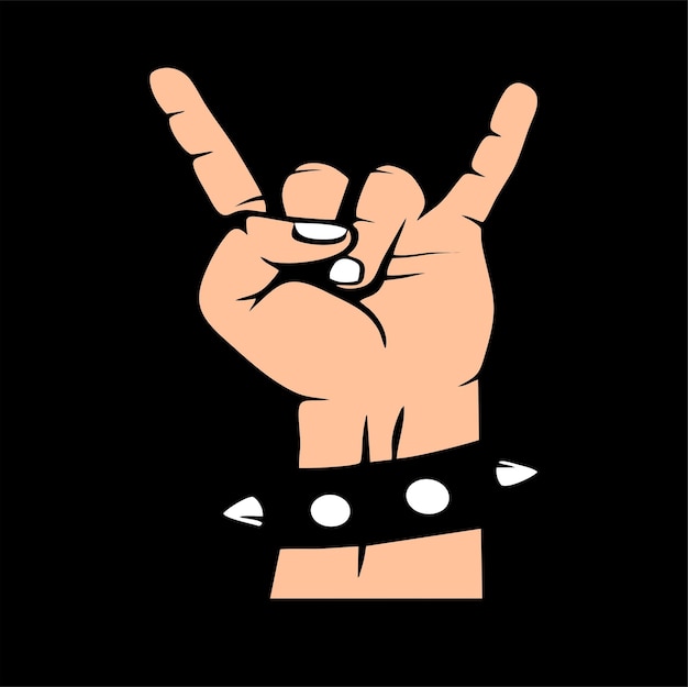 Vecteur un signe pour un groupe de rock avec un anneau en métal et une main avec des cornes.