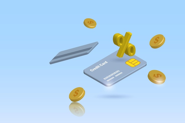 Signe De Pourcentage De Carte De Crédit De Taux D'intérêt Avec Des Pièces D'or En Baisse Dépenses D'argent Promotion à Chaud Des Services Bancaires Financiers Pour Le Concept De Magasinage En Ligne Vecteur Réaliste 3d