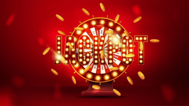 Signe rouge brillant Jackpot avec Casino Wheel Fortune tombant des pièces d'or sur un fond rouge vif