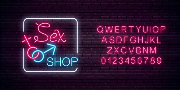 Vecteur signe de rue de magasin de sexe néon lumineux avec alphabet. bannière de magasin pour adultes. sex toys pour adultes.