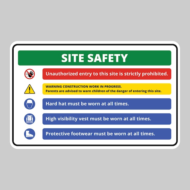 Signe de sécurité sur le site avec des icônes et du texte pour les chantiers de construction et les usines