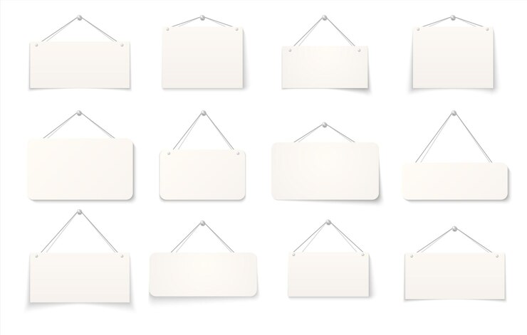 Vecteur signe suspendu. panneaux de papier vierge réalistes isolés sur fond blanc, panneaux de carton suspendus vides 3d sur le mur. vector set enseigne pour travaux de service ou magasins