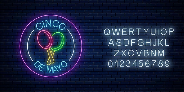 Vecteur signe de vacances au néon brillant sinco de mayo dans des cadres de cercle avec conception de flyer de festival mexicain alphabet