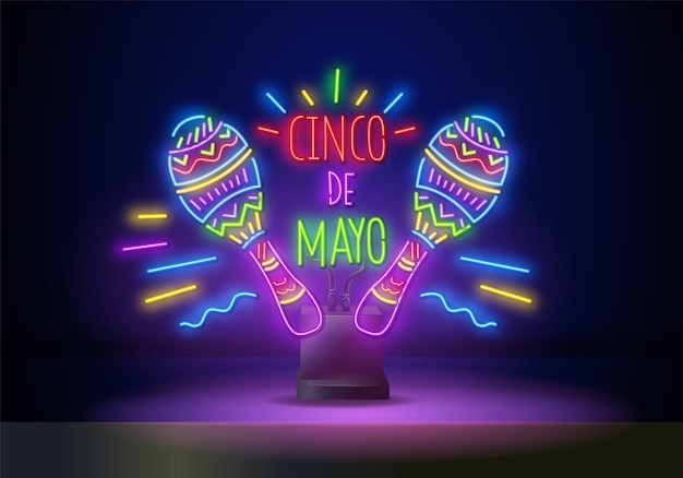 Signe de vacances de fiesta au néon lumineux sur fond de mur sombre. Conception de flyer de festival mexicain avec maracas. Illustration vectorielle.