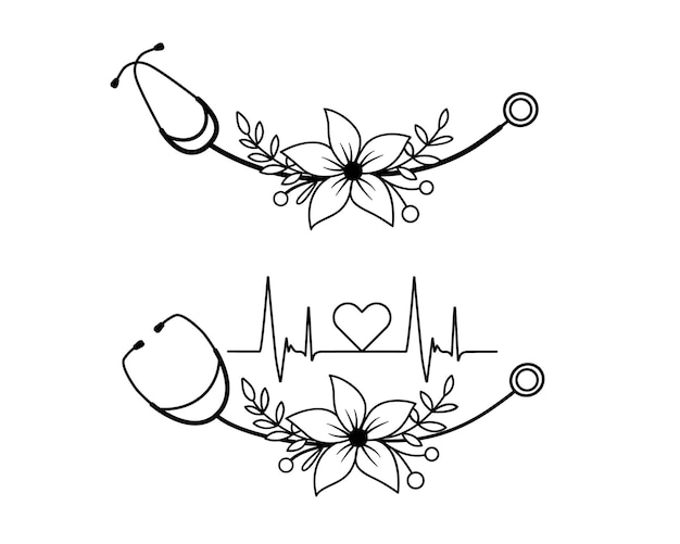 Signer Le Battement De Coeur Dans Le Stéthoscope Avec Des Fleurs Avec Coeur Illustration Vectorielle Logo De Battement De Coeur Dans Le Style De Contour