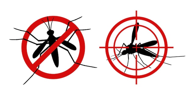 Signes d'avertissement de moustique. Cible de moustique interdite rouge informative, contrôler les insectes, prévenir l'épidémie, signaler l'arrêt du moucheron. jeu de silhouettes noires vectorielles
