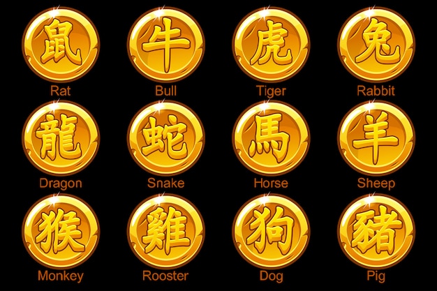 Signes Du Zodiaque Chinois Des Hiéroglyphes Sur Des Pièces D'or