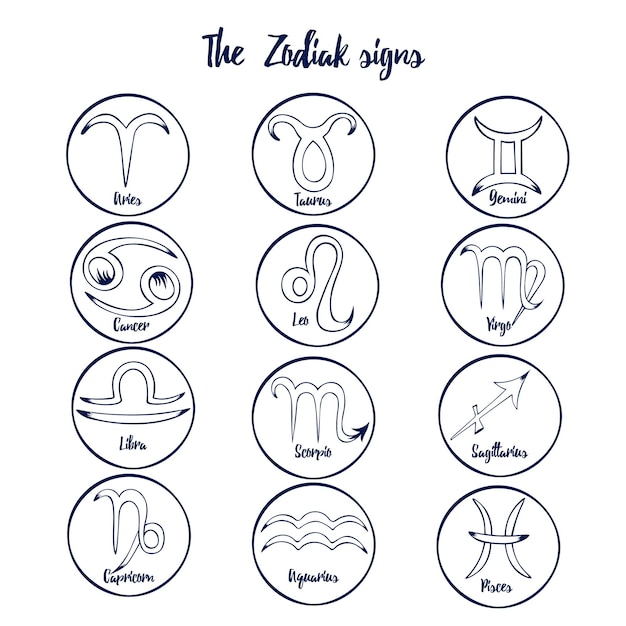Signes du zodiaque dessinés à la main Ensemble d'icônes du zodiaque bleu isolé sur fond blanc Symboles astrologiques du zodiaque Astrologie védique