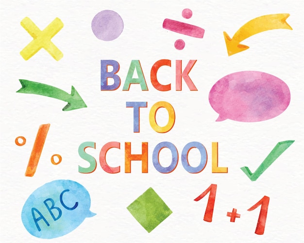 Signes mathématiques colorés et ensemble de vecteurs de style aquarelle de texte de retour à l'école