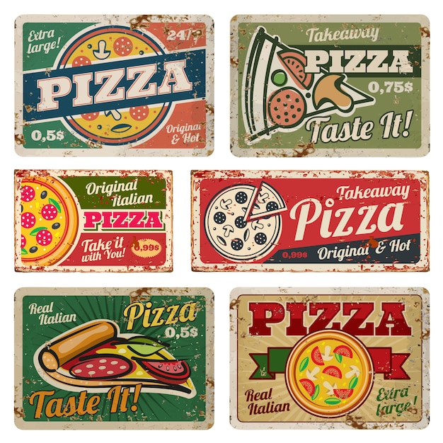 Vecteur signes métalliques de pizza vintage avec grunge texture vecteur défini affiches de cuisine rétro dans le style des années 50