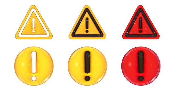 Signes de mise en garde 3d set Autocollants de cercle et de triangle d'avertissement de danger Attention de danger et point d'exclamation important Élément de conception de rendu vectoriel réaliste