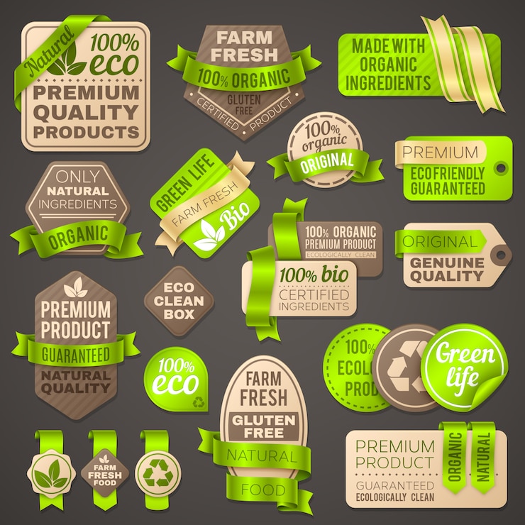 Vecteur signes organiques d&#39;épicerie. étiquettes de supermarché pour des légumes frais et sains.
