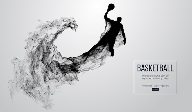 Silhouette abstraite d'un basketteur sur fond blanc à partir de particules, poussière, fumée, vapeur. Basketteur sautant et effectue un slam dunk.