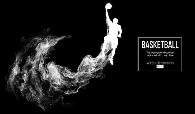 Silhouette Abstraite D'un Basketteur Sur Fond Noir Foncé De Particules, Poussière, Fumée, Vapeur. Basketteur Sautant Et Effectue Un Slam Dunk.