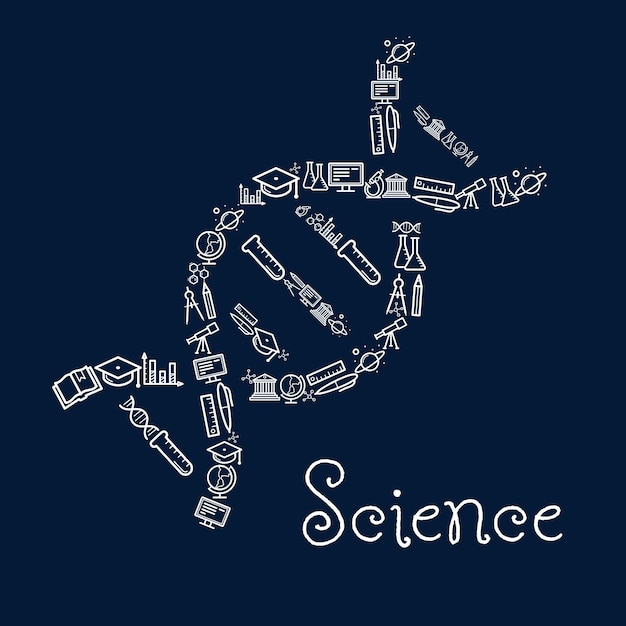 Silhouette d'ADN avec université, école, livre, crayon, microscope, flacon de laboratoire, globe, ordinateur, formule, télescope, symboles de la planète. Éducation, conception de thèmes scientifiques