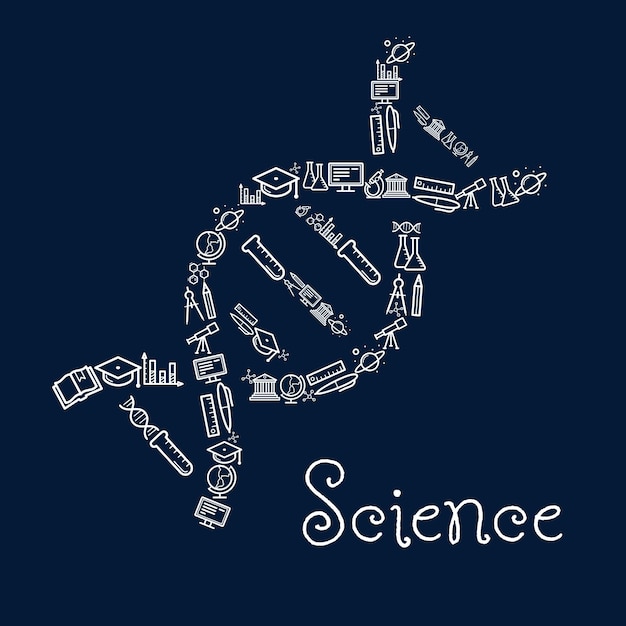 Vecteur silhouette d'adn avec université, école, livre, crayon, microscope, flacon de laboratoire, globe, ordinateur, formule, télescope, symboles de la planète. éducation, conception de thèmes scientifiques