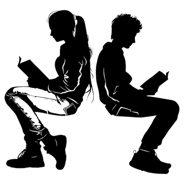 Vecteur silhouette adolescente et garçon lisant un livre ensemble couleur noire seulement