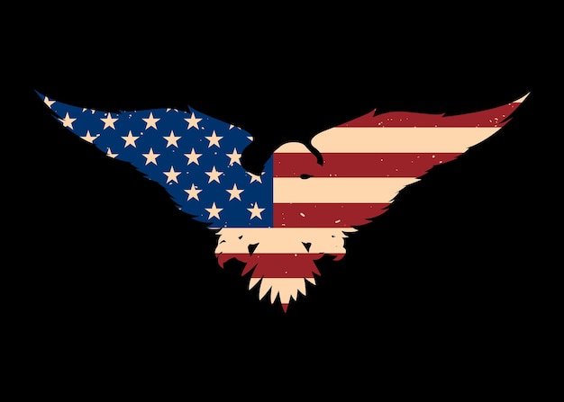 Silhouette d'aigle avec fond de drapeau américain. Élément de design pour affiche, emblème, signe, logo, étiquette. Illustration vectorielle