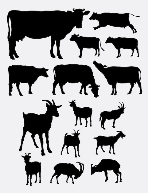 Vecteur silhouette d'animaux de ferme vache et chèvre