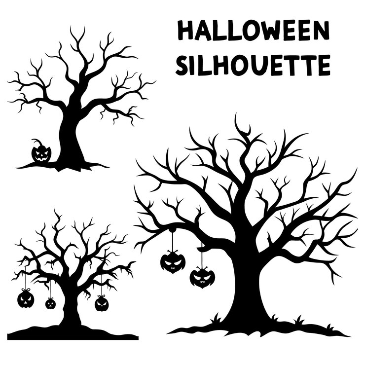 Vecteur silhouette d'un arbre d'halloween sur un fond blanc