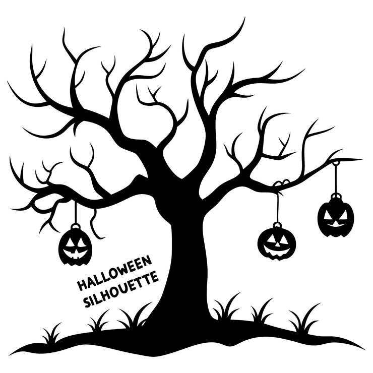 Vecteur silhouette d'un arbre d'halloween sur un fond blanc