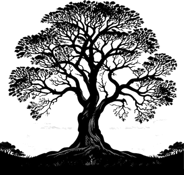 Silhouette d'un arbre majestueux, style art vectoriel, racines agrippant fermement la terre imposante