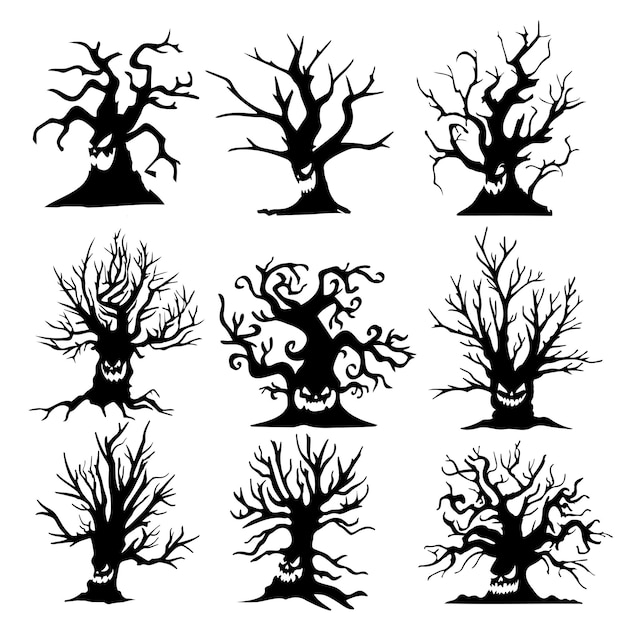 Silhouette D'arbre Sec Arbre Fantôme Avec Un Visage De Diable Effrayant Pour La Décoration De Cartes D'halloween