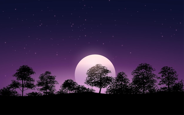 Silhouette d'arbres et fond de clair de lune