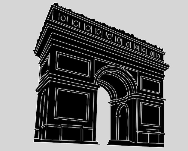 Silhouette de l'Arc de Triomphe de Paris Vue inclinée de style noir isolé sur un fond clair