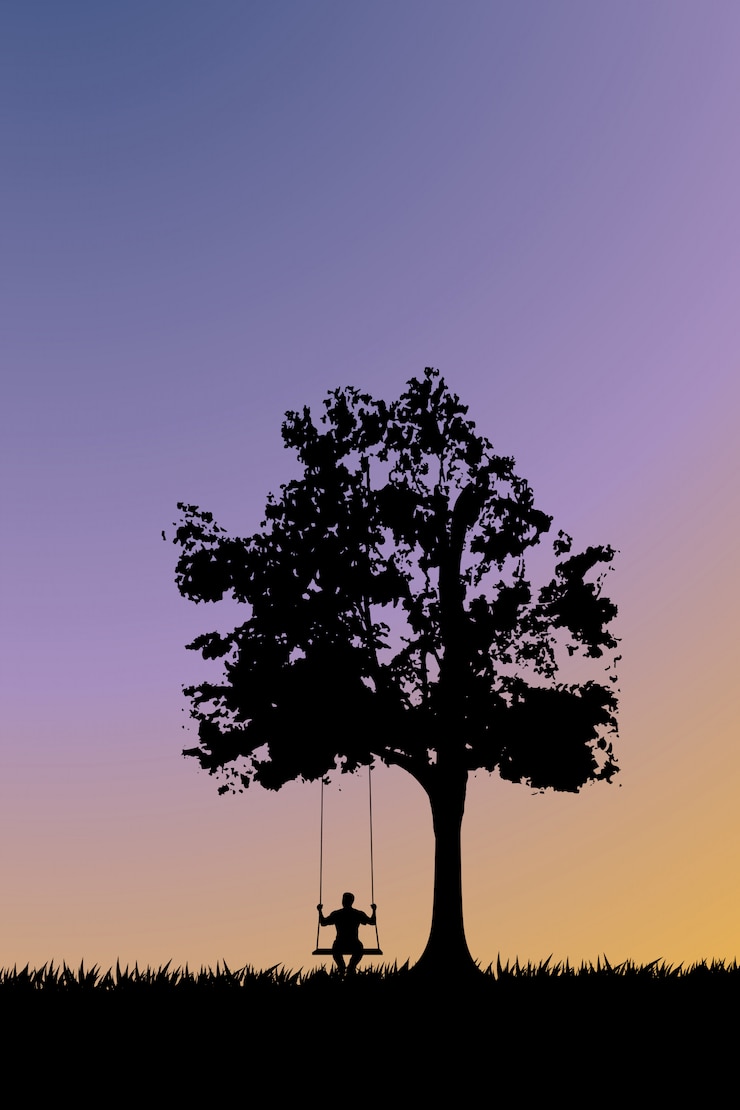 Vecteur silhouette sur balançoire au coucher du soleil