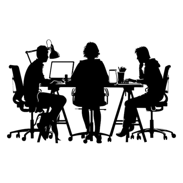 Silhouette Bureau de bureau avec des gens sur des ordinateurs portables Travail à l'intérieur