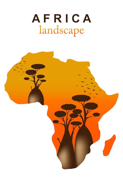 Vecteur la silhouette de la carte de l'afrique sur les baobabs et le paysage abstrait du coucher de soleil les baobabs sur la nature sauvage africaine