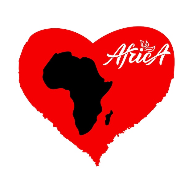 Silhouette de la carte de l'Afrique en coeur rouge avec texte calligraphié