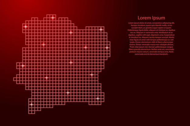 Silhouette de carte de Côte d'Ivoire à partir de carrés de structure en mosaïque rouge et d'étoiles brillantes. Illustration vectorielle.