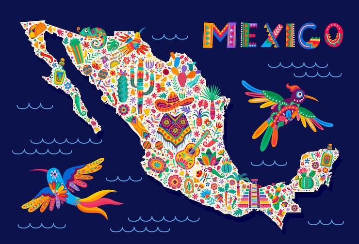 Vecteur silhouette de la carte mexicaine avec des symboles nationaux