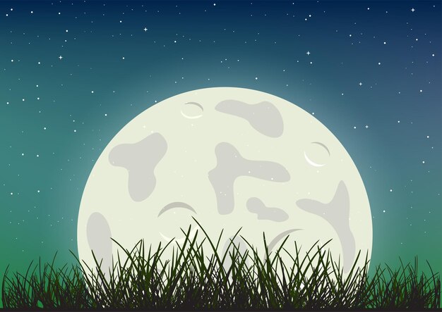 Vecteur silhouette de clair de lune et d'herbe sur le ciel nocturne