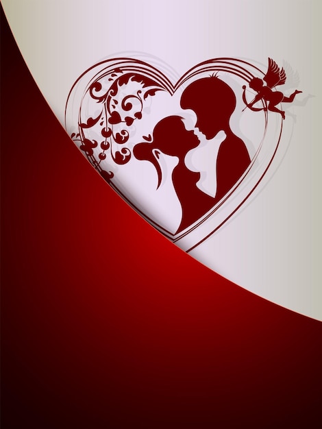 Vecteur silhouette d'un coeur avec un couple d'amoureux avec un cupidon dans une poche