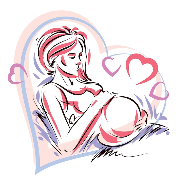 Vecteur silhouette de corps élégante femme enceinte placée dans un cadre décoratif en forme de coeur, illustration vectorielle fragmentaire. concept d'amour et de douceur.