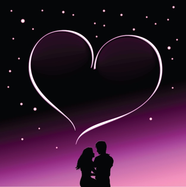 Silhouette De Couple Amoureux Sur Fond De Ciel étoilé Cadre En Forme De Coeur Pour Inscriptions Romantiques