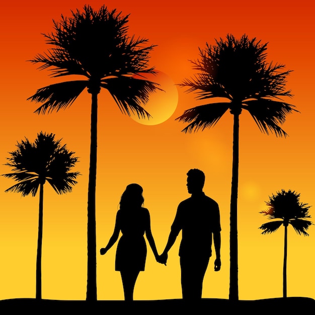 Silhouette d'un couple marchant ensemble sur la plage contre un coucher de soleil tropical.Homme et femme.Vector.