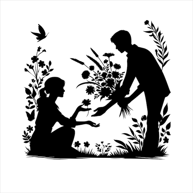 Vecteur une silhouette d'un couple proposant un homme donnant une fleur
