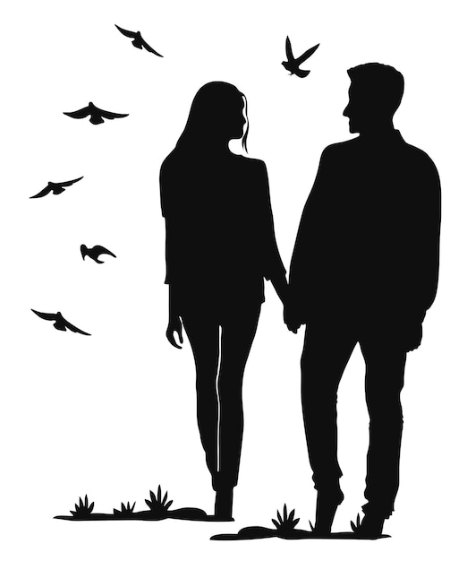 Vecteur la silhouette d'un couple se tenant la main le jour de la saint-valentin sur un fond blanc avec des oiseaux qui volent