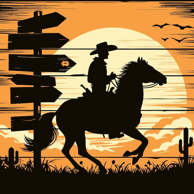 Vecteur silhouette d'un cow-boy à cheval sur un cheval sauvage au coucher du soleil sur un vecteur de signe en bois