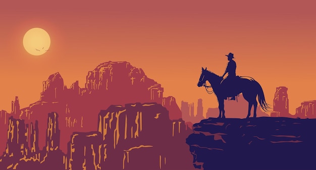 Silhouette de cow-boy solitaire à cheval au coucher du soleil, Illustration vectorielle