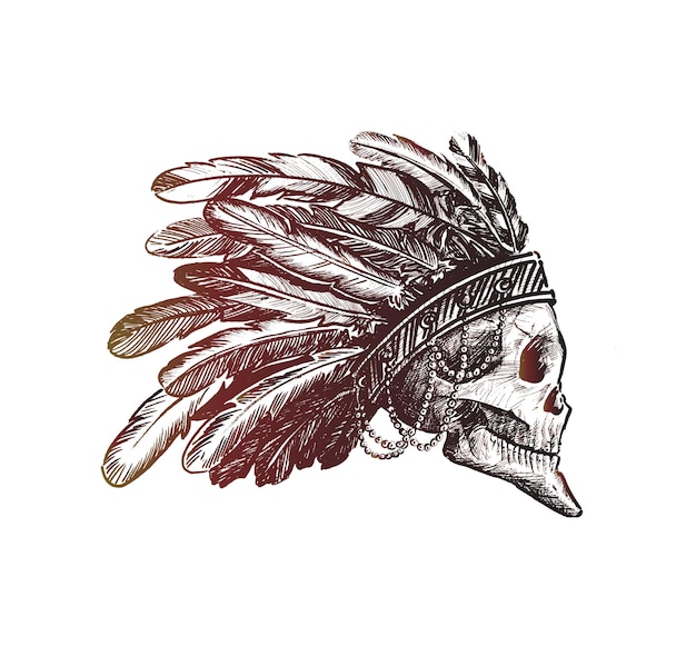 Vecteur silhouette de crâne de hipster crâne chef indien avec plume dans le dessin à la main